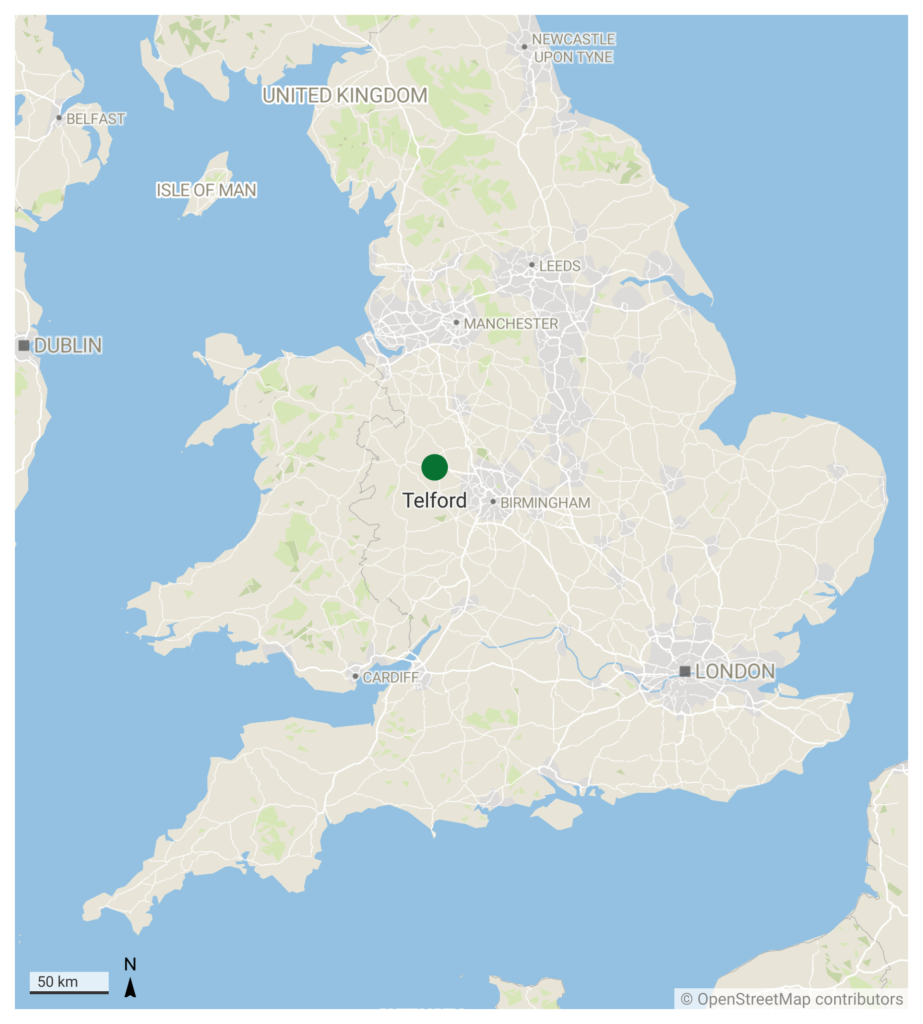 A map showing Telford relative to the rest of the United Kingdom.
