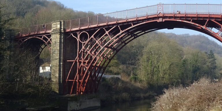 A photograph of the iron bridge over Ironbridge Gorge.